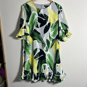 ALFANI Multicolor Leaf Exposure 3/4 Sleeve Peplum Hem Short Shift Dress Size 14